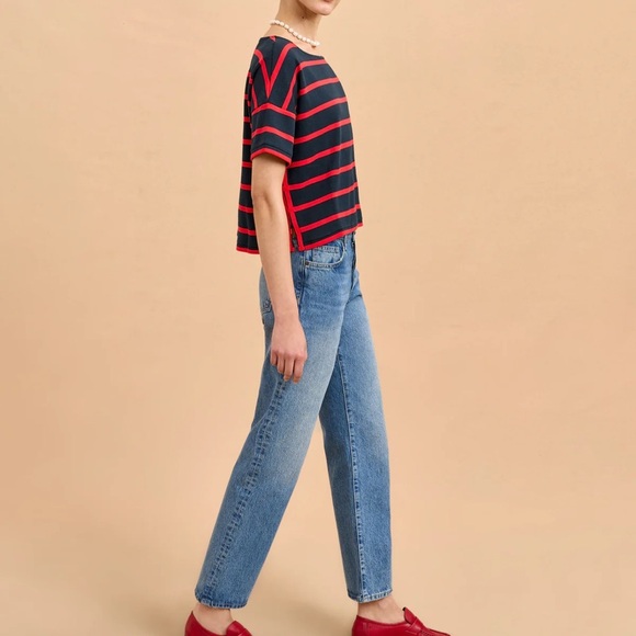 La Ligne Short Sleeve red blue stripe Breton Tee - Picture 2 of 8